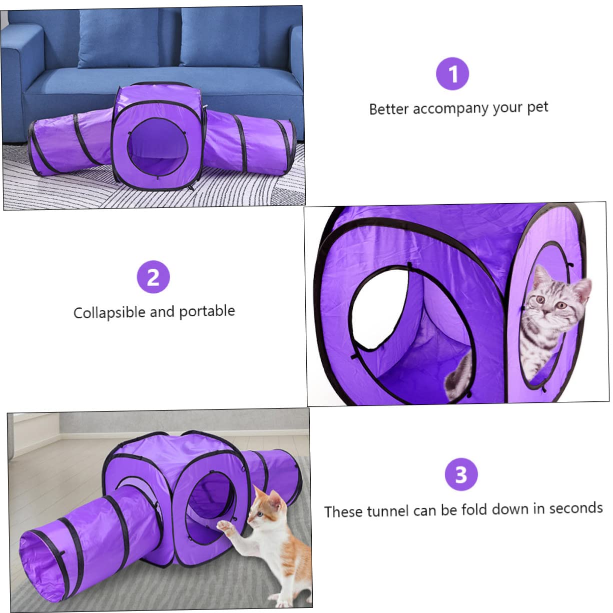 INOOMP Tunnel Pliable pour Chat à Double Canal 3 Pièces Pourpre