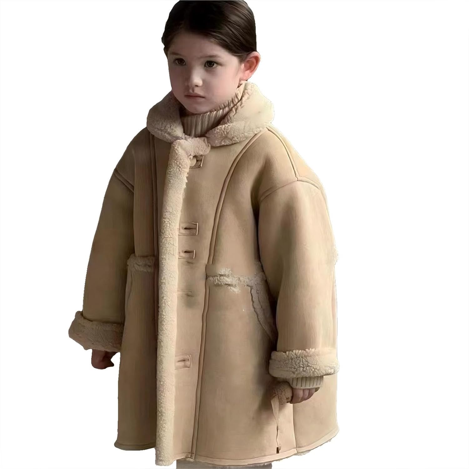 Girls Fuzzy Long Coats Button Down Lapel Collar Thicken Fleece Lined Warm Winter Plush Outerwear With Pockets