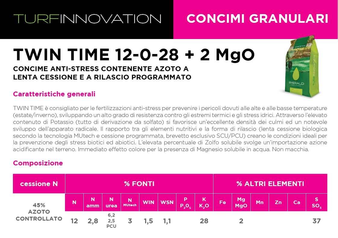 Emerald TWIN TIME TurfInnovation, Concime Fertilizzante Granulare Pre Estivo e Pre Invernale,forte resistenza agli Stress Termici, 10kg (400mq)