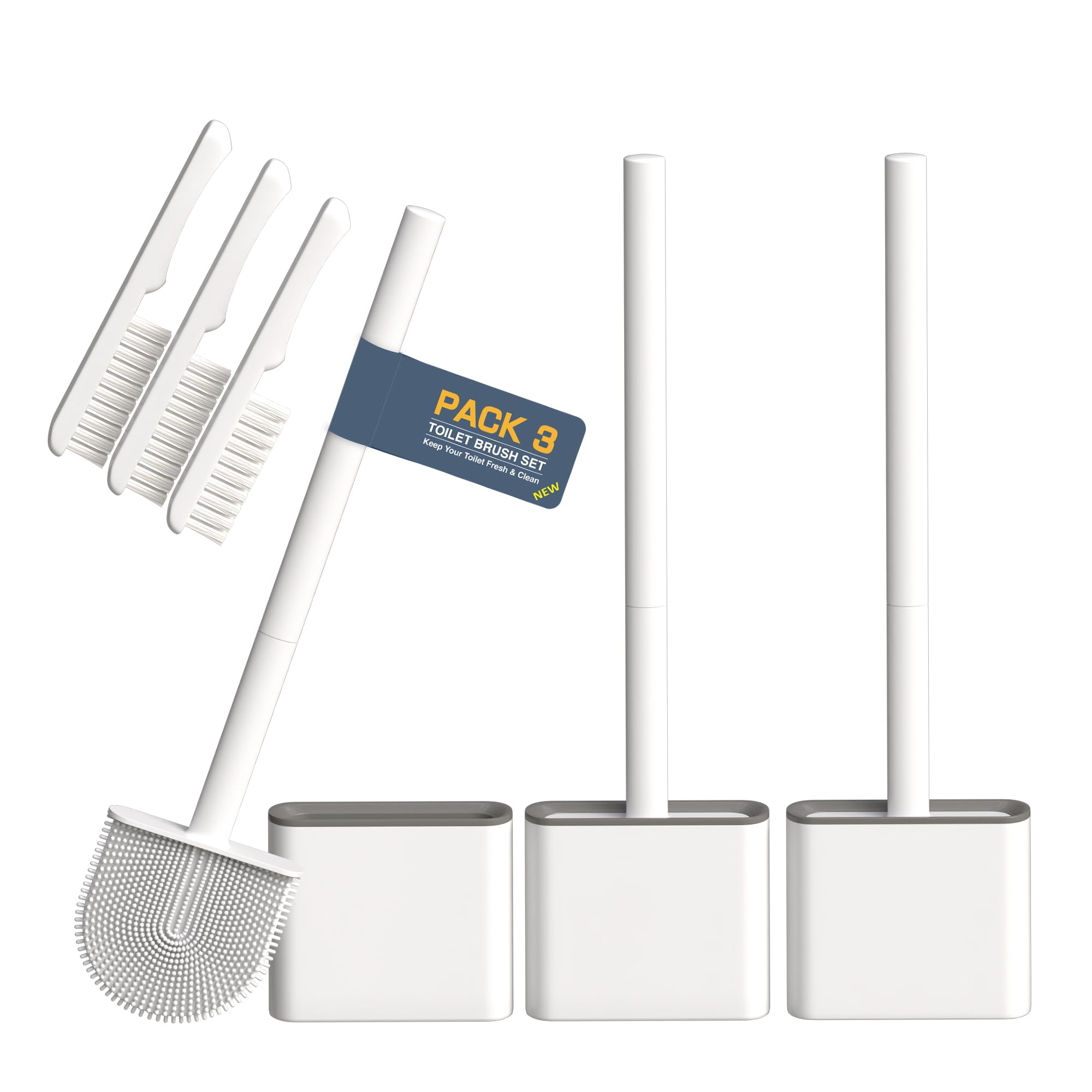 3 Pack Silicone Toilet Brushes & Holders– Includes 3 Crevice Brushes for Bathroom, Long Non-Slip Handle – Durable Bathroom Cleaning Set.