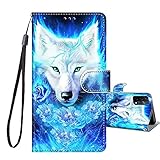 JRIANY Handyhülle für Oppo A54 5G / A74 5G Hülle, PU Leder Klappbare Stoßfeste Lederhülle Schutzhülle mit Muster Handytasche Klapphülle für Mädchen Frauen Kompatibel mit Oppo A93 5G -6.5‘’, Wolf A