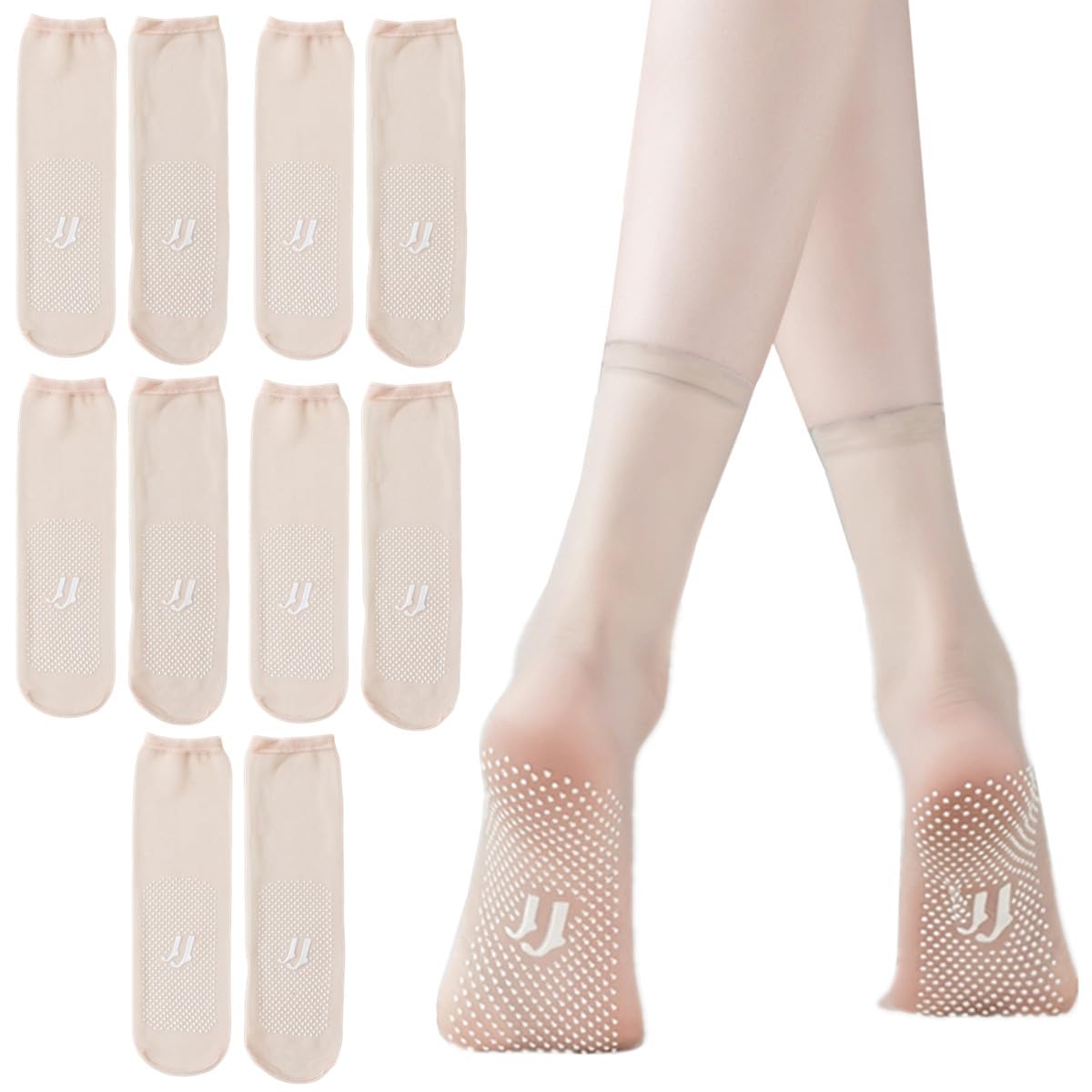 TouKingda 5 Pairs Sheer Ankle High Pop Socks for Women, Ultrathin Invisible Crystal Silk Sock, Anti-slip Bottom Silky Breathable Hosier Summer Nylon Socks Match with Heel Sneaker Skirt Dress (Nude)