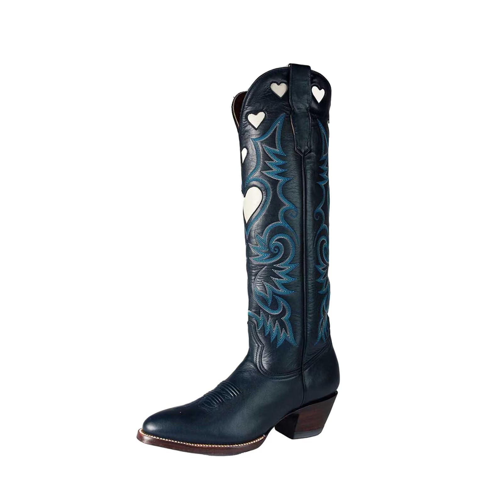Agodor Cowboy Boots for Women Heart Cowgirl Boots Classic Embroidered Women Wide Calf Knee High Boots Chunky Heel