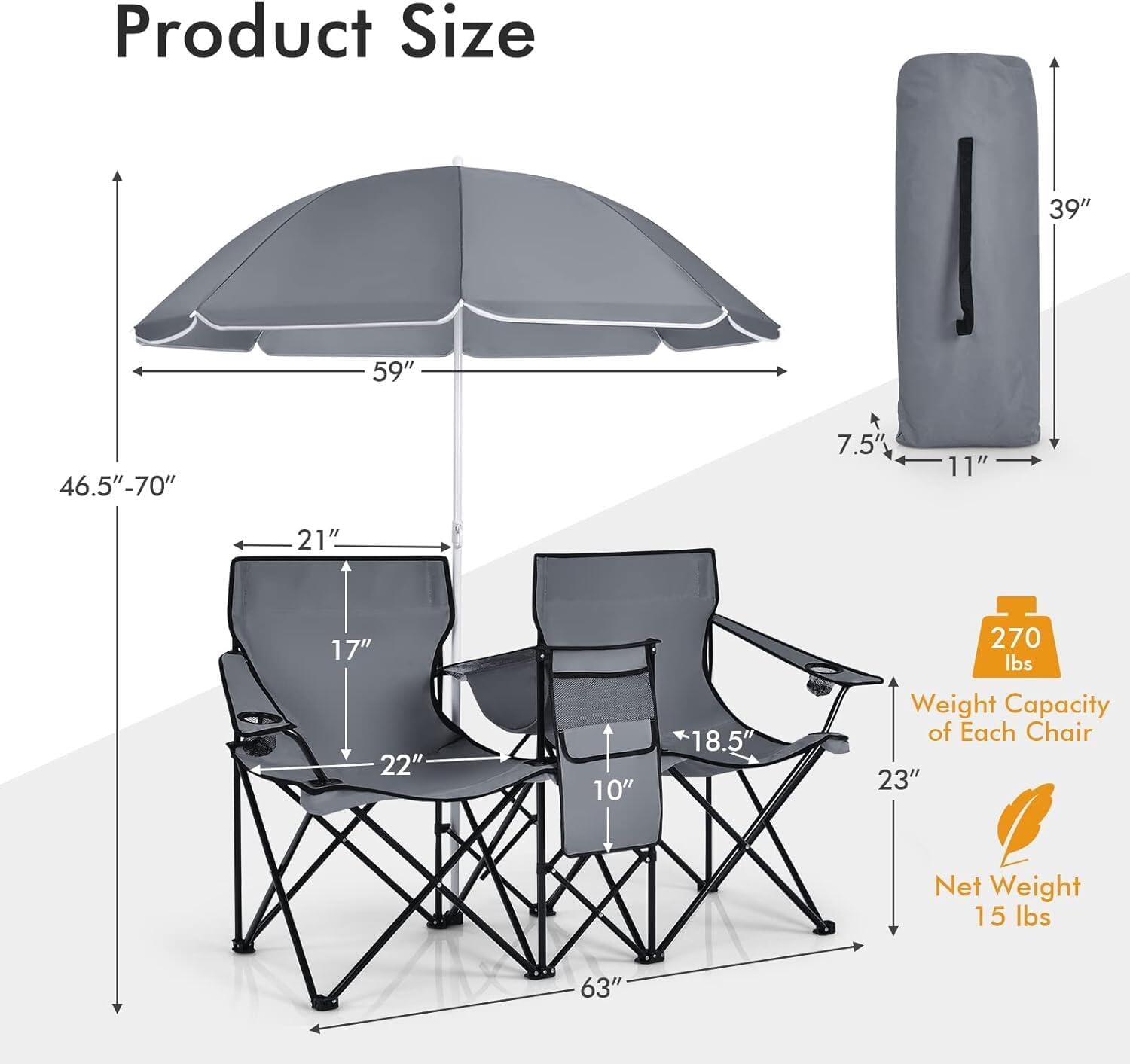 Diagram showing the dimensions of the double picnic chairs and umbrella, including overall width, height, seat dimensions, and umbrella height range. Also lists net weight and weight capacity per chair.