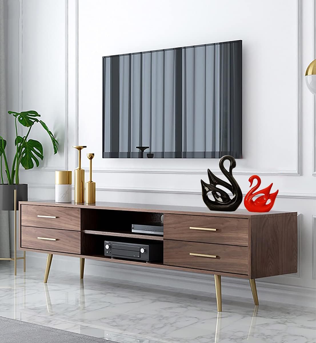 2 Pieces Swan Sculpture Decor Swan Table Decorations Elegant Ceramic Swan Figurine Swans for Decoration Statues for Home Decor Living room Shelves Fireplace Coffee Table Decor（Red Black Couple Swan ）