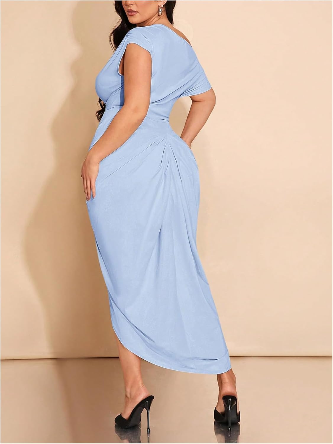 Floerns Women's Plus Size Asymmetrical Neck Long Dress Ruched Slit Hem Cocktail Dress - Image 3