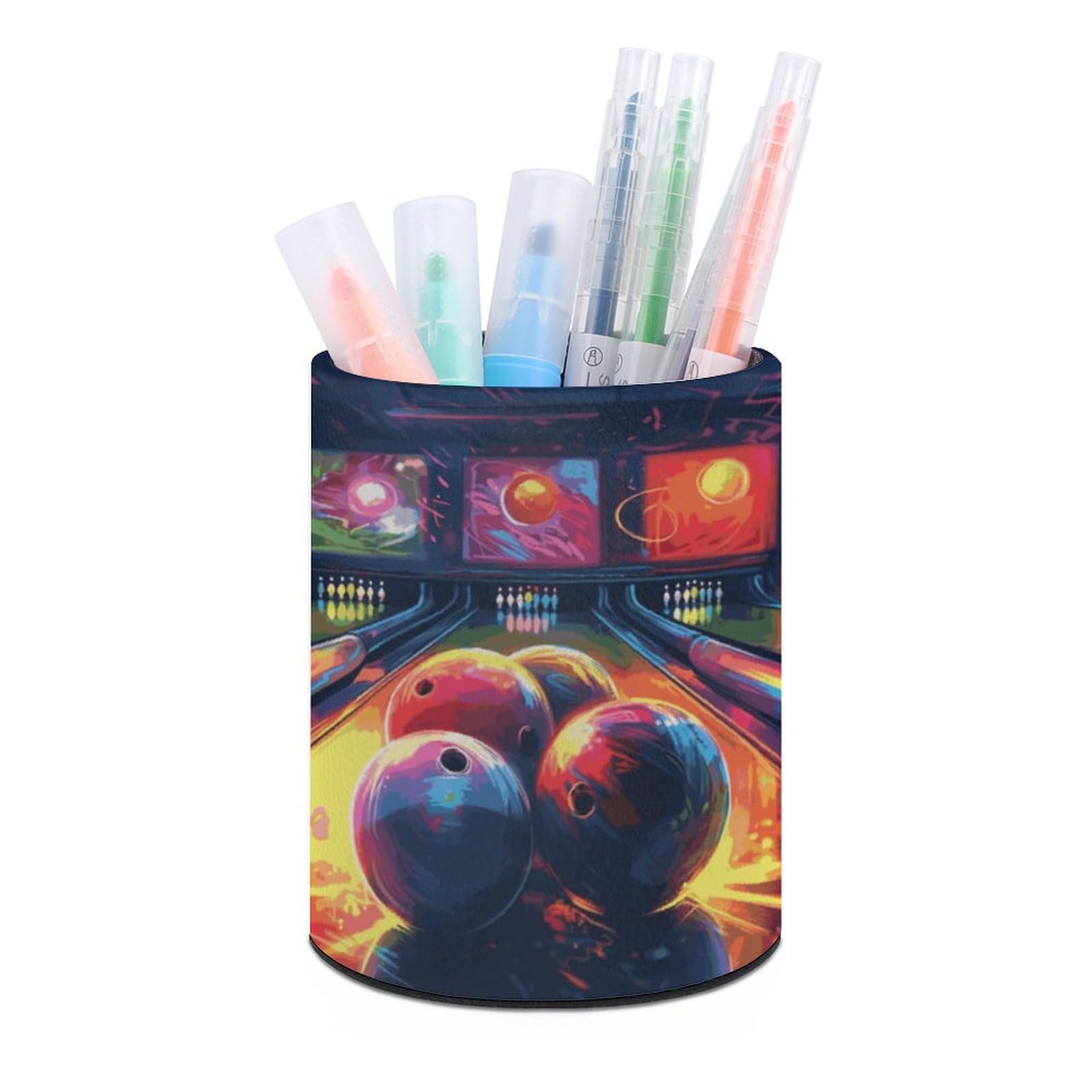 JTREHY - Round Pen Holder Bowling Printed Makeup Brush Storage Box for Home Office Dresser