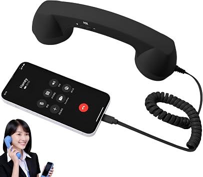 Retro Handset, Smartphone Hands-Free, Wired, Volume Amplifier Function, Built-in Microphone, Video Conferencing, Hybrid Work, Landline Phone, Laptop, Tablet, Gift, Household Item, Plug, Call
