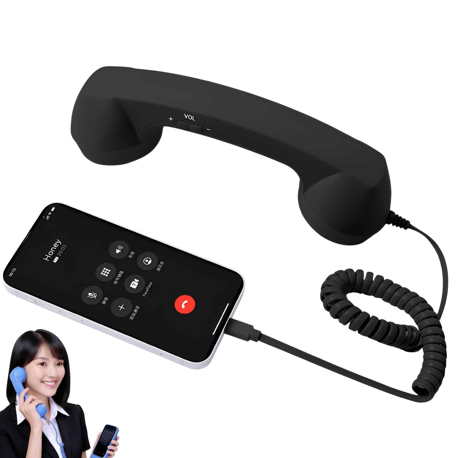 [Snughom]レトロ受話器 スマホ受話器 pe-C接続 ハンズフリー 有線 音量増幅機能付き マイク内蔵 ビデオ会議 ワーク対応 固定電話風 ノートPC タブレット ギフト 家庭用品 プラグ 通話