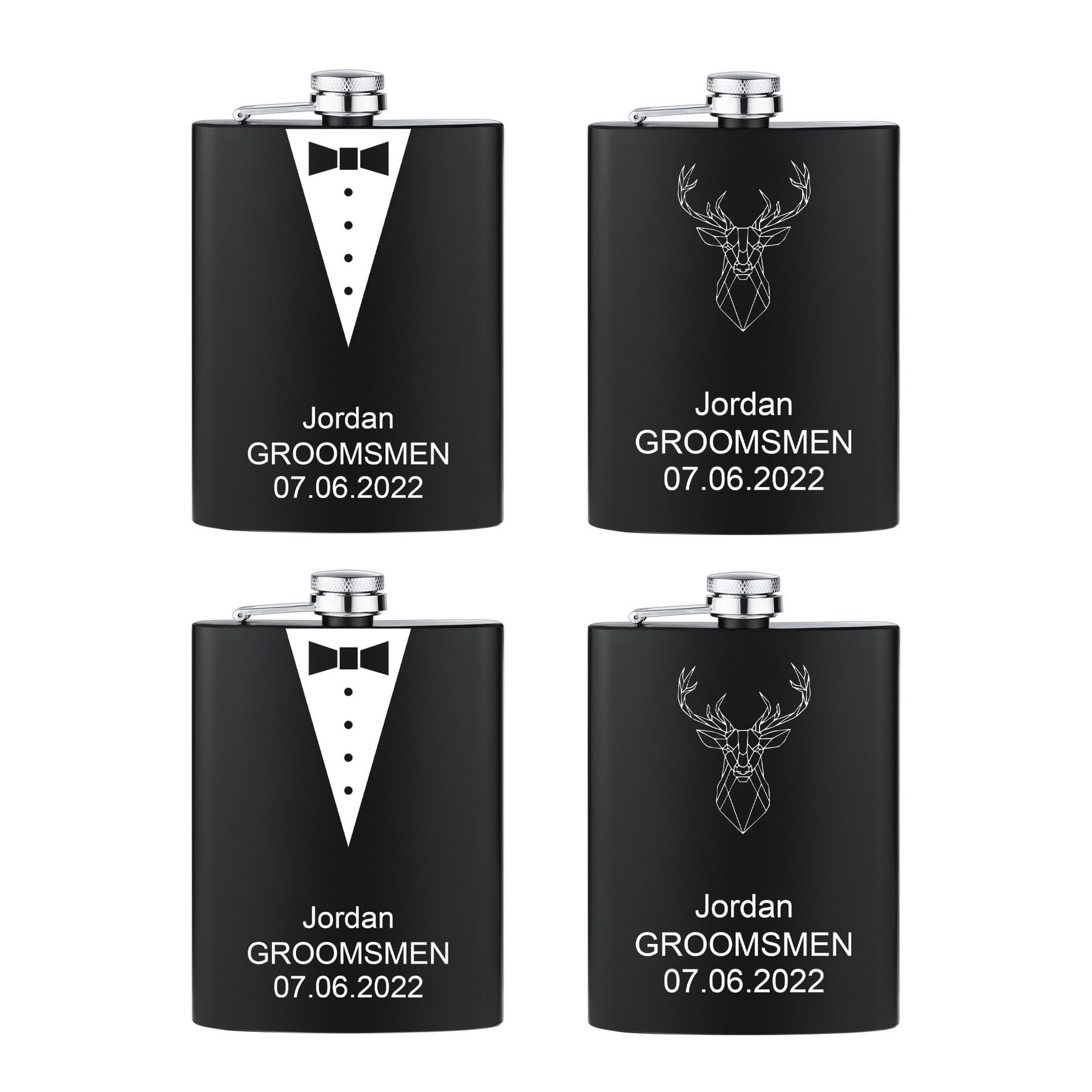 MeMeDIY Customized Hip Flask Groomsmen Gifts for Wedding Engraved Name Text Optional Gift Box 6 to 8 OZ Stainless Steel Personalized Hip Flask for Best Man Groom Father Black - B-4 Set