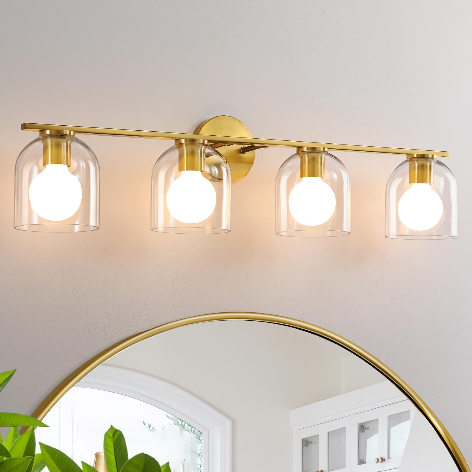 woshitu bathroom vanity light fixtures: 32.3 inch modern brushed gold bathroom light fixtures over mirror with clear glass shade, 4-light bathroom lights above mirror