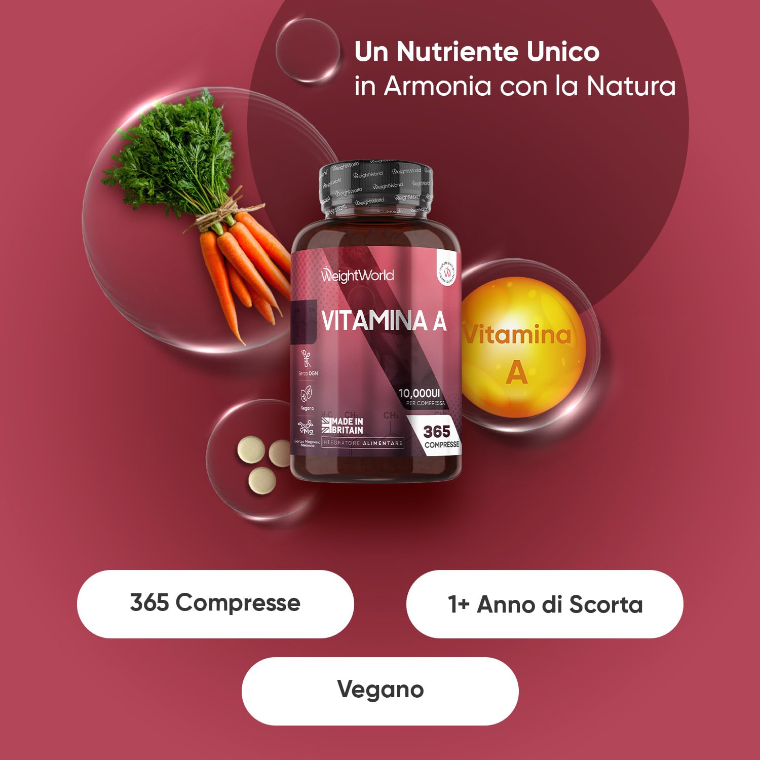 Vitamina A, 365 Compresse Vegane (per 1+ Anno), Vit A come Retinil Acetato, La Vitamina A Contribuisce al Mantenimento di una Vista Normale (EFSA), Senza Magnesio Stearato, Prodotto nel Regno Unito