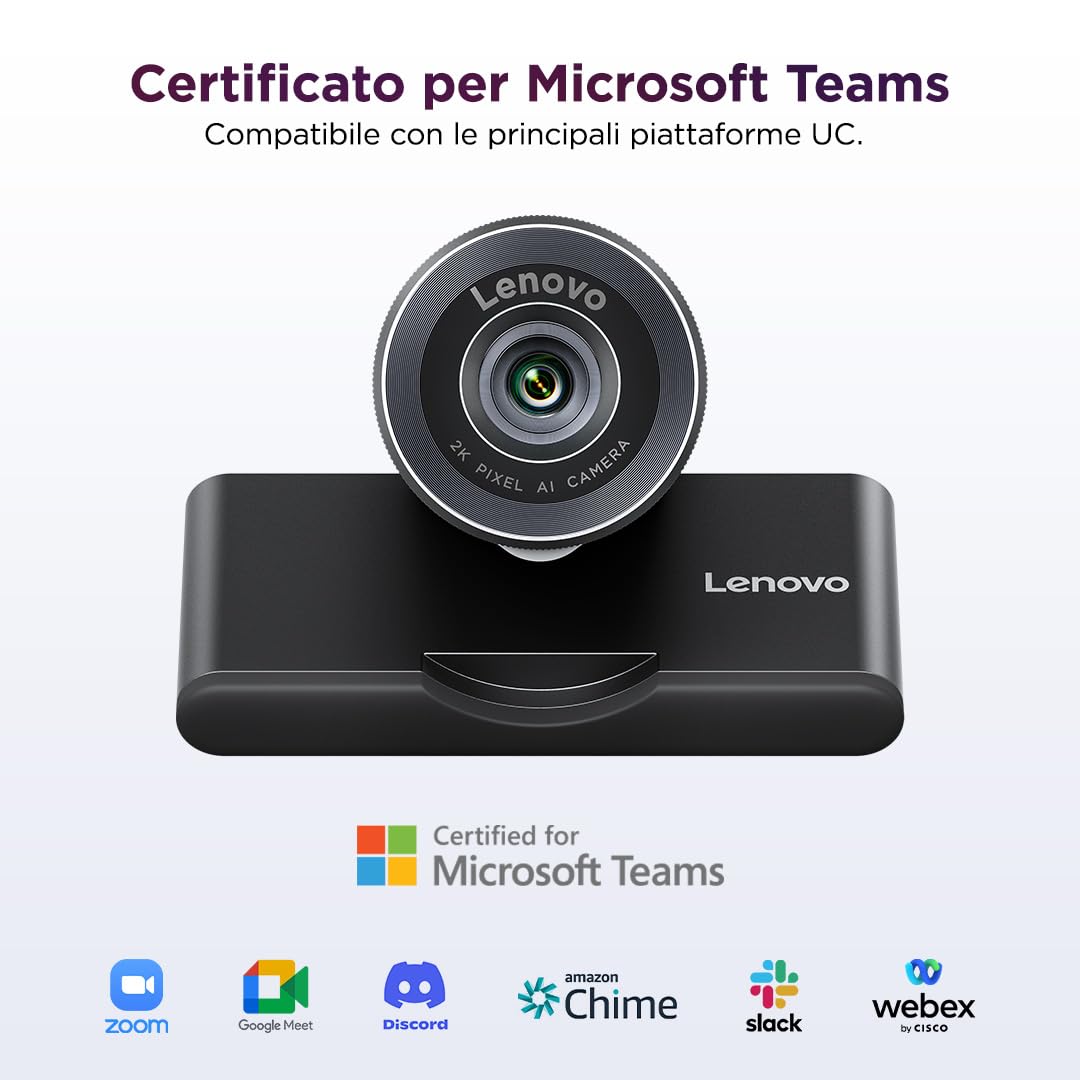 Lenovo QHD Webcam, webcam QHD per PC e notebook per videochiamate e smart working, plug and play per meeting online