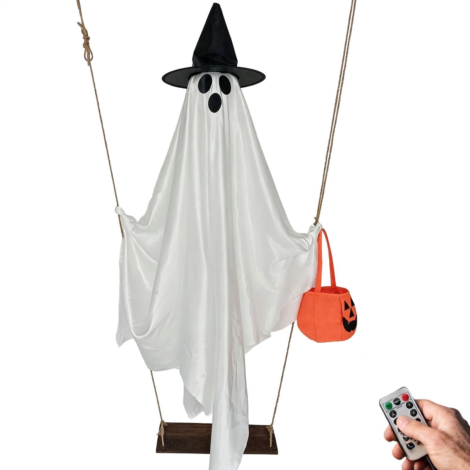 Swinging Ghost Decor - Remote Control Light Up with Pumpkin Bucket 1.5m