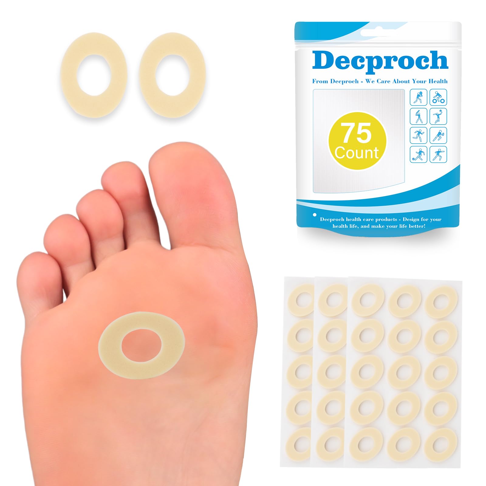 Callus Cushions, Adhesive Corn Pads, 5 Sheets (75 PCS) Corn Pads for Toes, Feet, Heel, Bottom of Foot | Foot Corn Pads | Corn Cushions Patches Reduce Friction