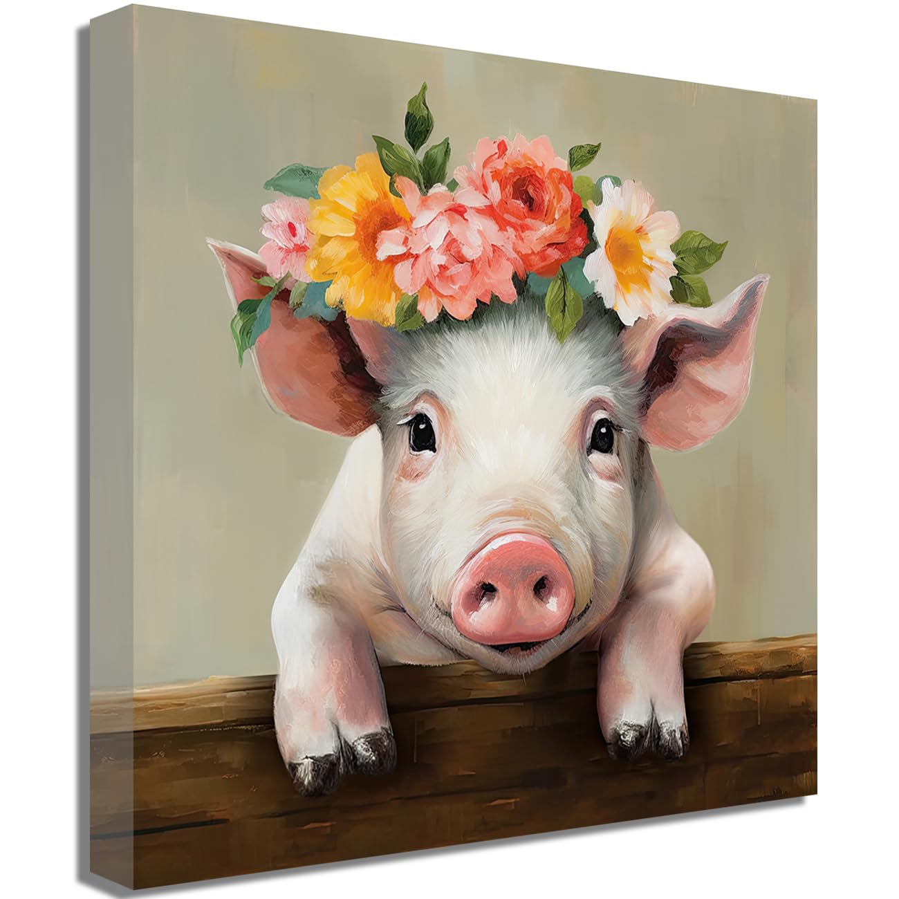 LMYSXAOZ Pig Picture Canvas Wall Art Rustic Floral Crown Painting Cute Farmhouse Animal Poster Prints Nursery Bedroom Home Decor (Pig,28.00" x 28.00")