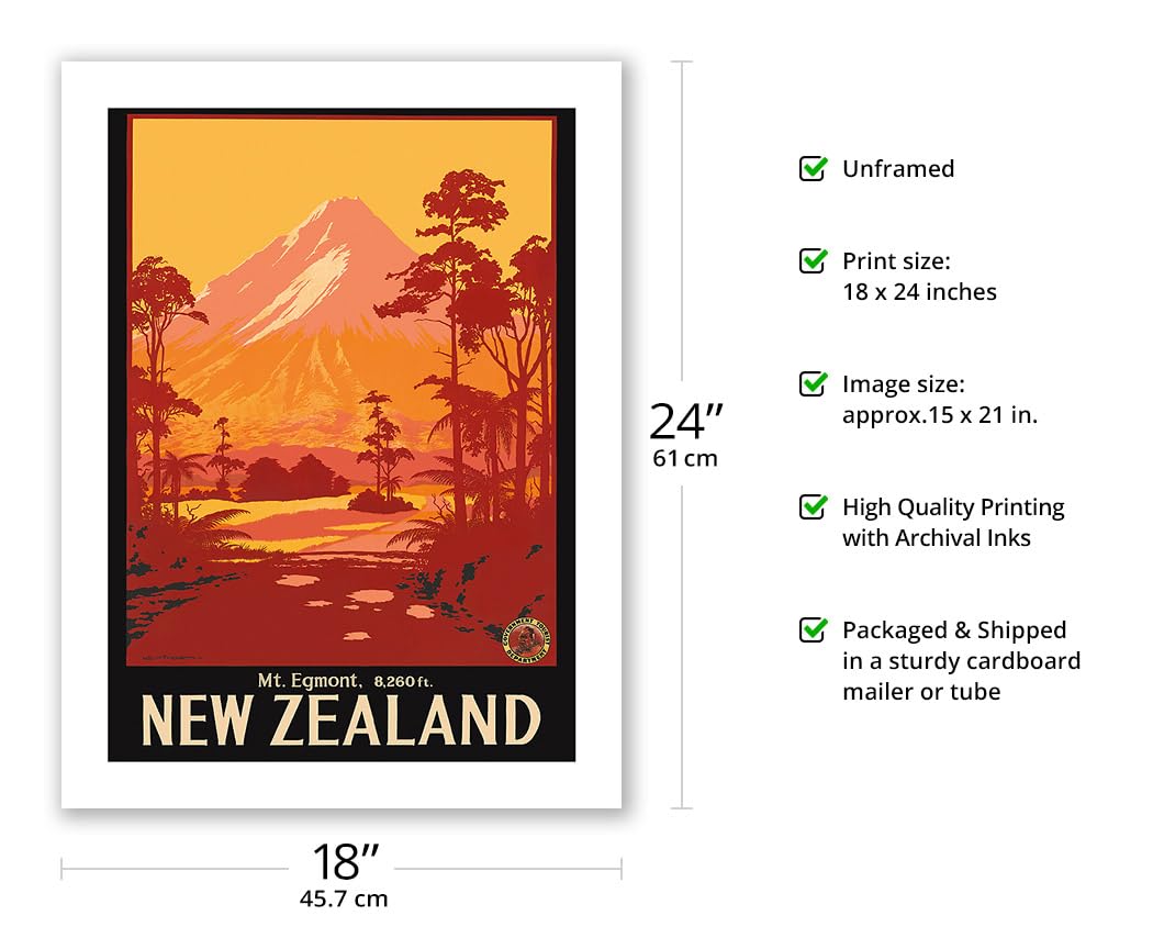 Mount Egmont (Mount Taranaki) New Zealand - Vintage Travel Poster