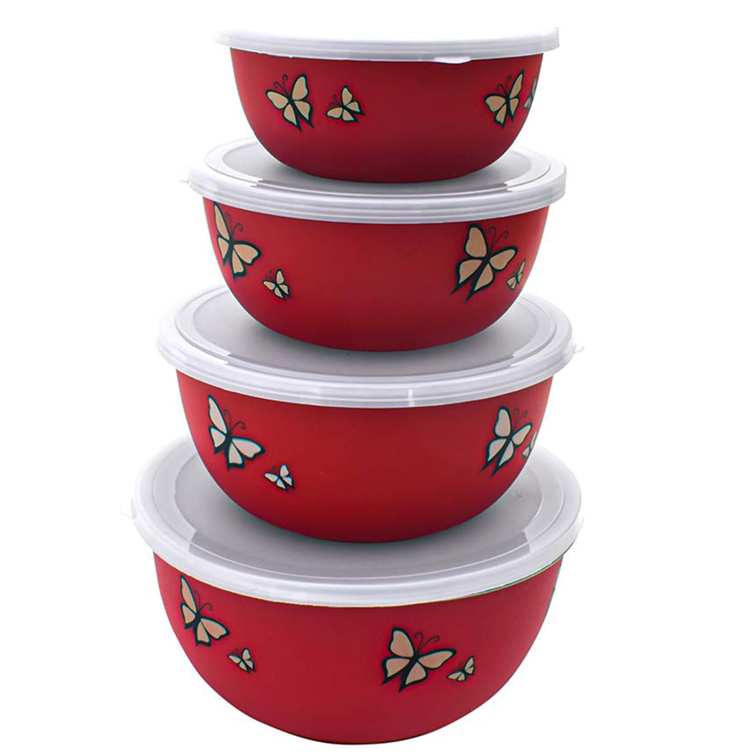 Zaib Microwave Safe Stainless Steel Round airtight Lid Bowl/Box/Kitchen Food Storage Containers, Euro Lid Bowl (4, Red Butterfly Print)