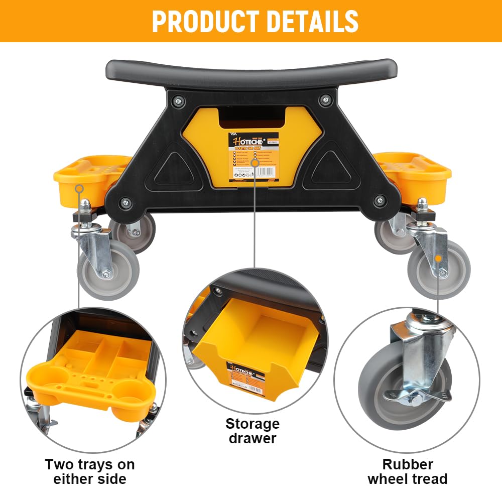 Hoteche Taburete de Taller Taburete de plástico para reparación de automóviles | Diseño de PP Negro con cajón y Compartimento para Herramientas Amarillo | 650x250x380mm | 6,16 kg de Peso