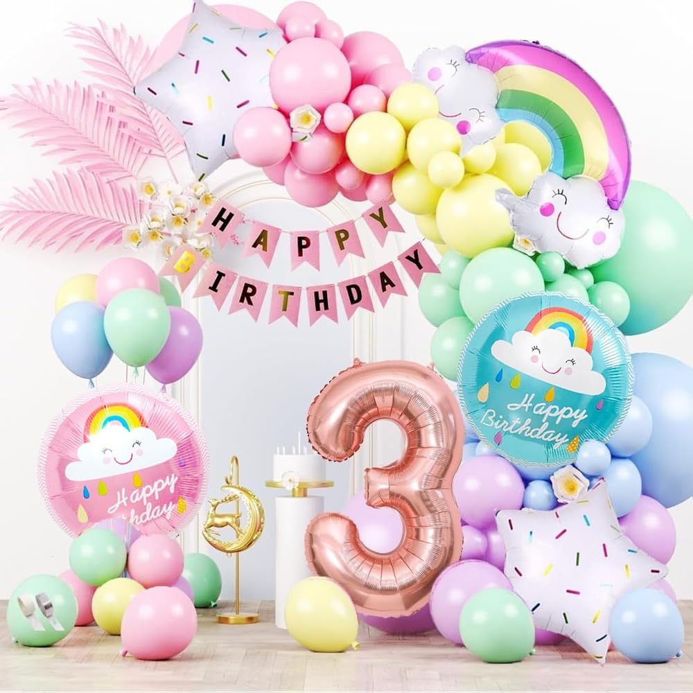 Cardstock 59Pcs Pastel Rainbow Balloon Arch Garland Kit | Birthday Balloons,Happy Birthday Banner, With Arch And Glue Dot | Ideal For 3rd Birthday Decorations