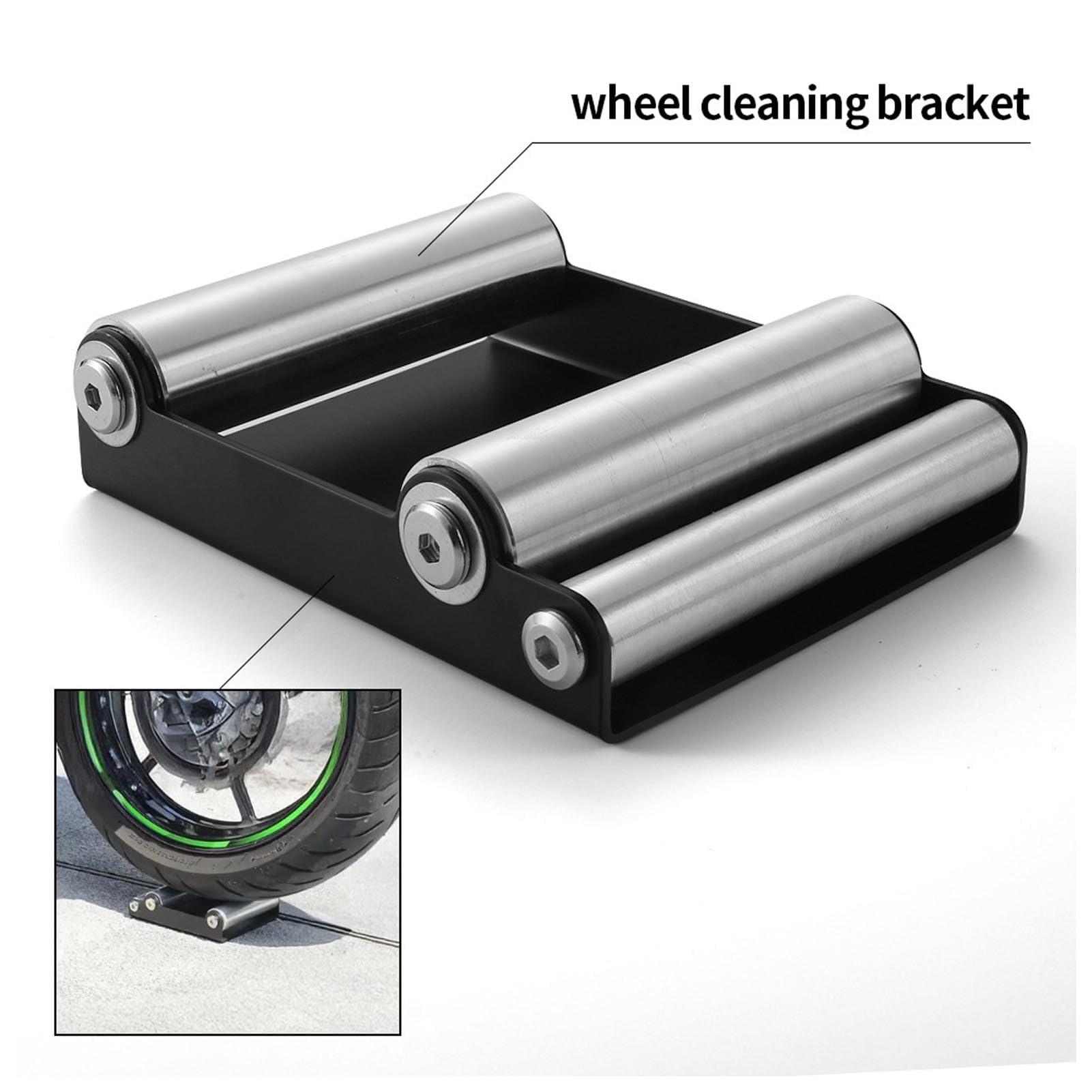 Stojak do czyszczenia kół motocykla Stojak z żelaznymi i aluminiowymi rolkami do smarowania łańcucha, do kontroli i konserwacji opon