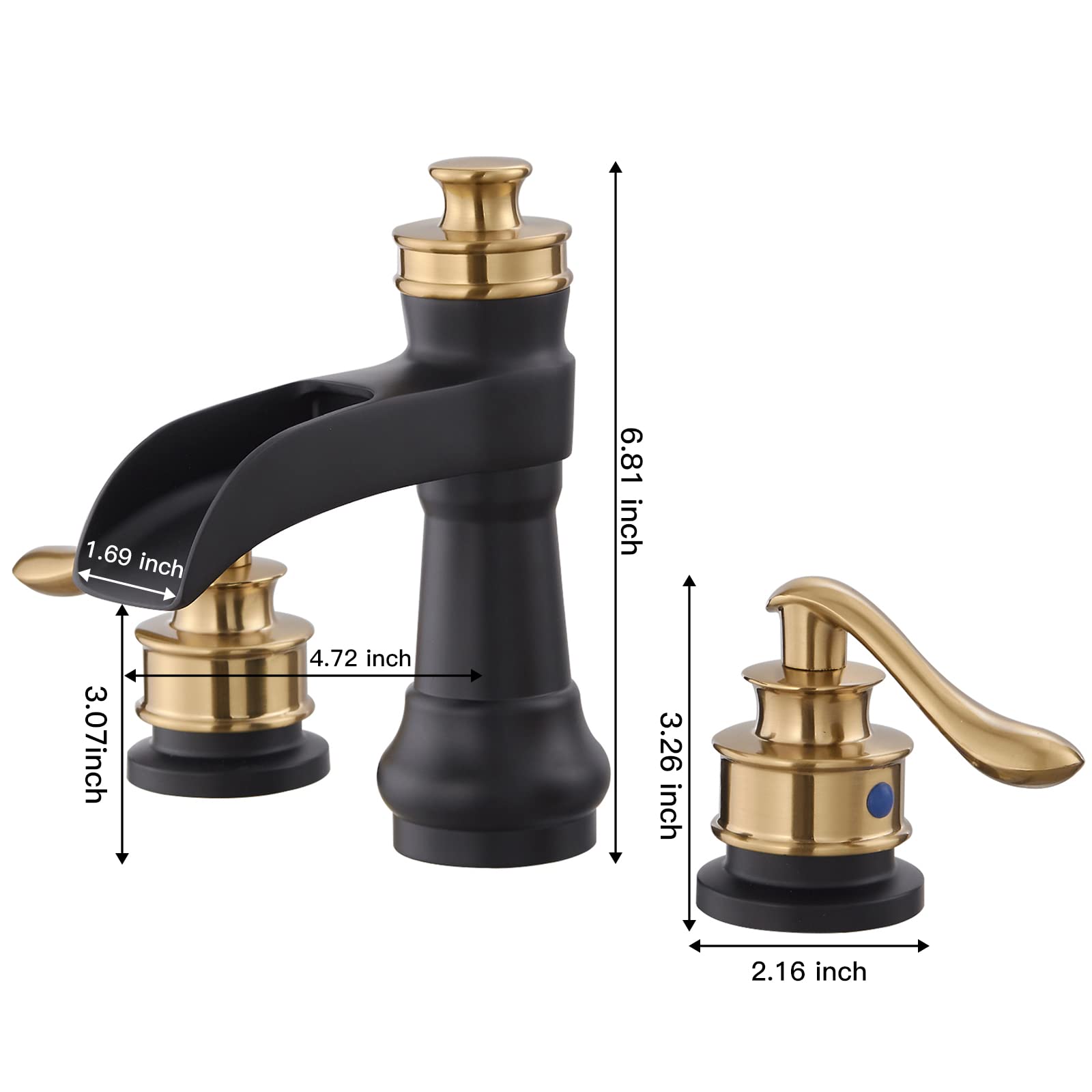 Rubinetto da Bagno a Tre Fori, 20 cm, 2 Maniglie, Nero e Oro, per Uso Commerciale, con Tappo di Scarico a Scomparsa in Ottone e Tubi di Alimentazione. Miscelatore per lavabo e Mobile Bagno.
