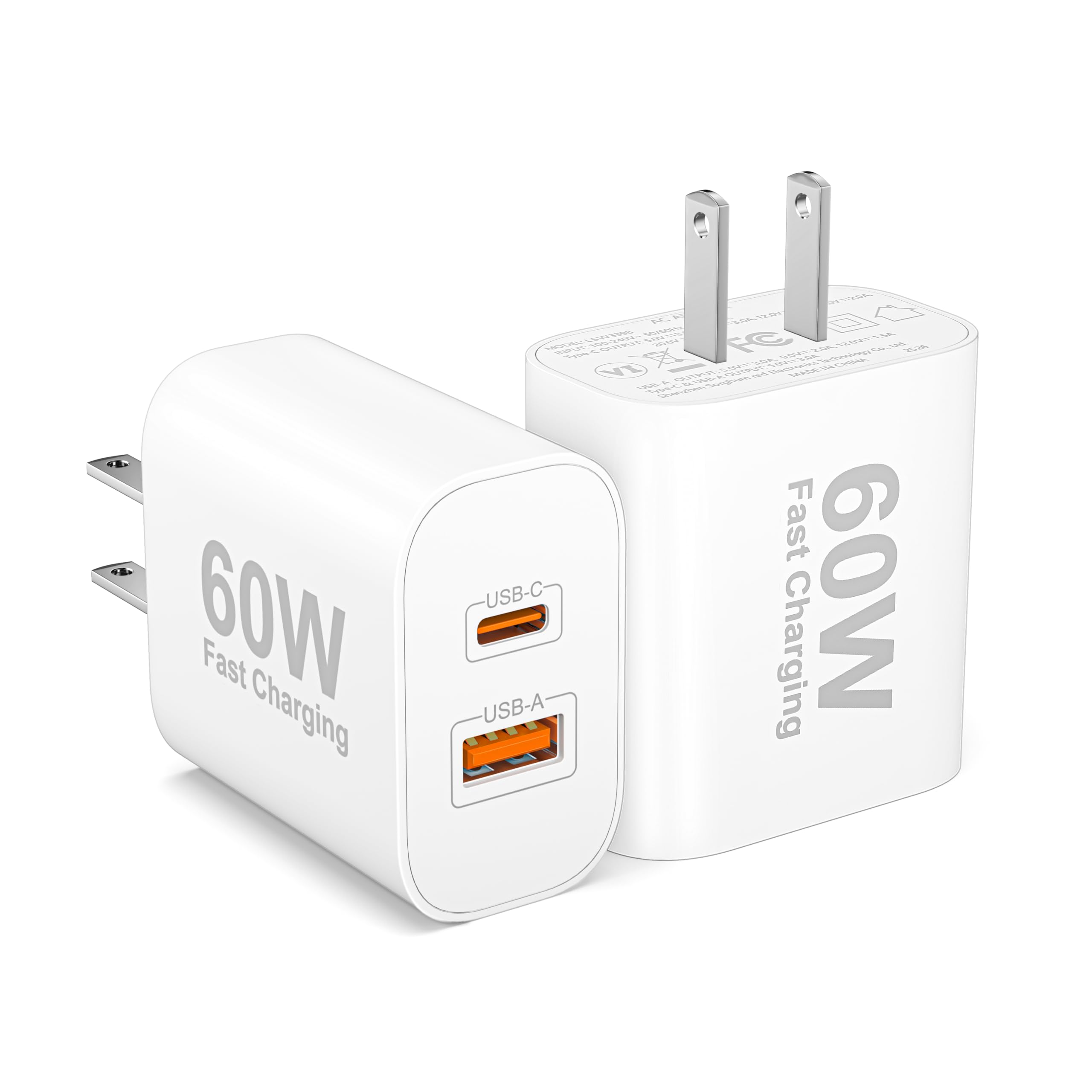 USB C Charger Block, 2-Pack 60W Dual Port USB-C Power Adapter Type C Wall Charger Plug Fast Charging Block Brick Cube for iPhone 17/16/15/14/13/12 Pro Max, iPad, Galaxy, Moto, Pixel, Tablet, Android