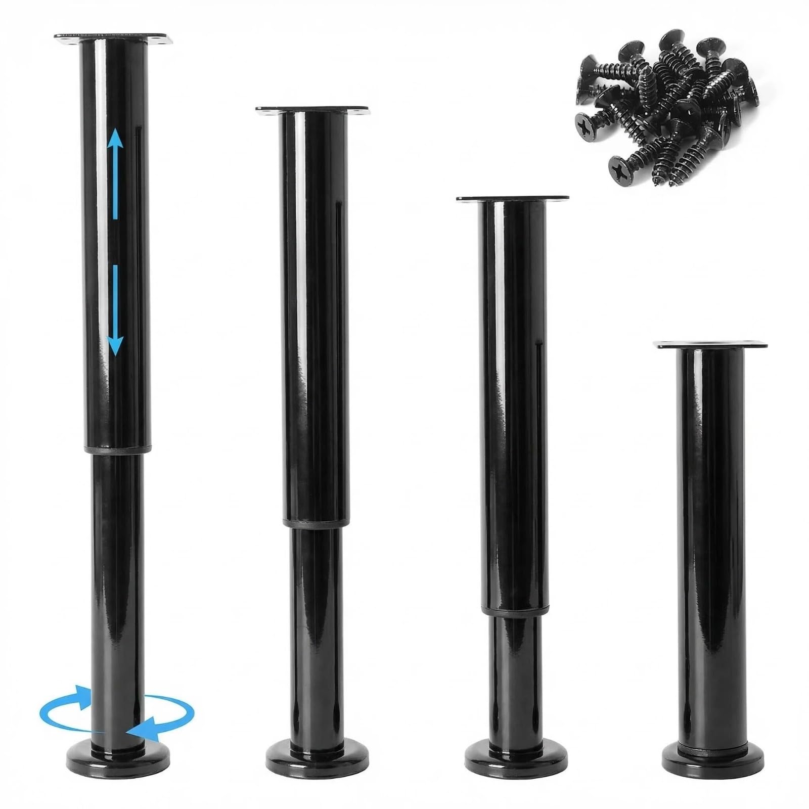 LQOZYYUL 4 Pack 25-42cm Adjustable Furniture Legs, Metal Steel Bed Support Legs, Black Cabinet Legs Sofa Legs with Mounting Screws for Bed Worktop Cupboard Couch Replacement Furniture Feet