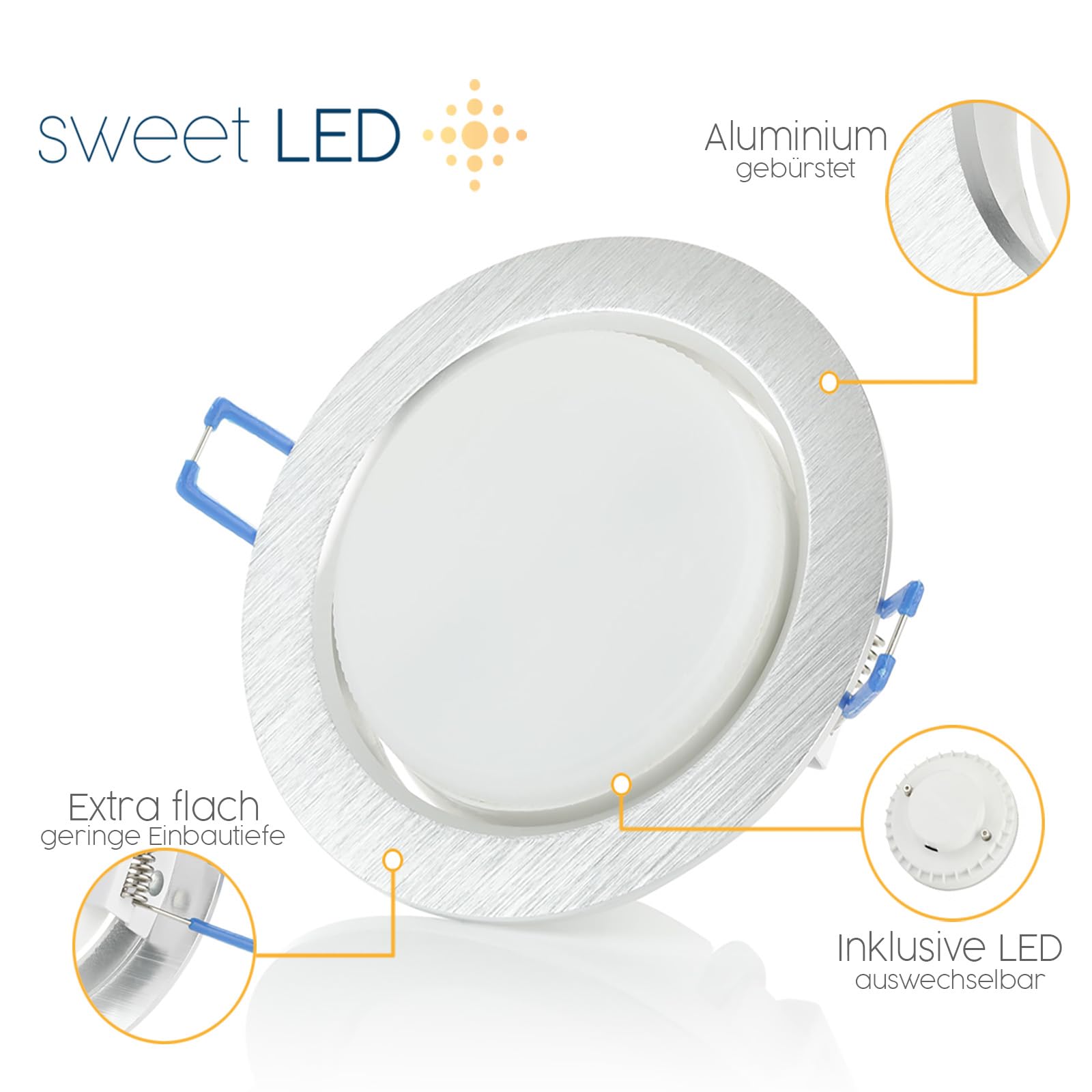 6x LED Einbaustrahler Flach 8,2W GX53 – 750 Lumen, Deckenstrahler 4000K Neutralweiß – 95mm Lochmaß, 108mm Außenmaß – Deckenspots alu-gebürstet – Ultra Slim Deckenleuchte