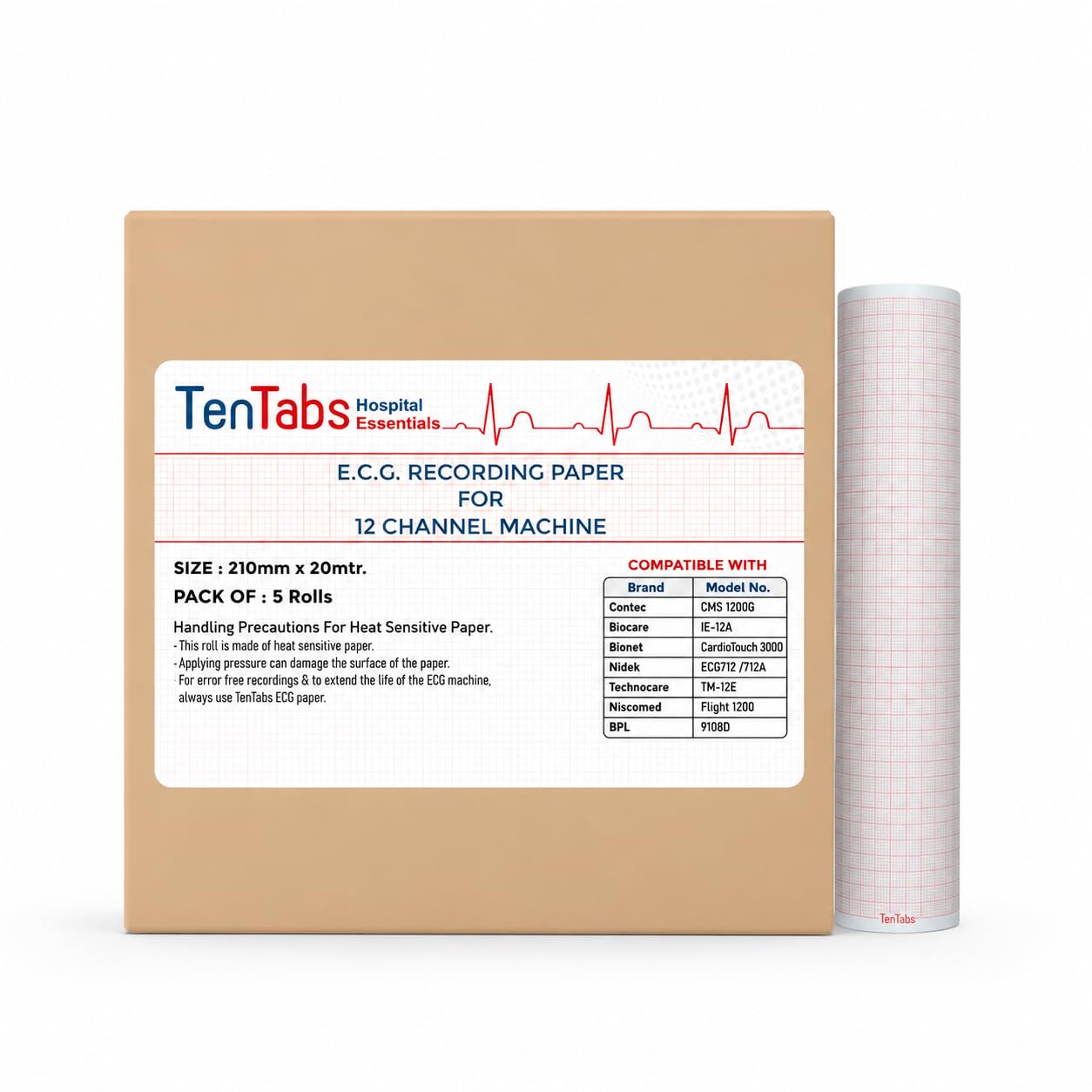 TenTabs 12 Channel ECG Paper Roll (Size: 210 mm x 20 mtr) | 1200G Thermal ECG Graph Paper Roll | Suitable for Contec CMS 1200G / Bionet 12 Channel ECG Machine/Mortara ELI 230 (PACK OF 5 ROLLS)-image-23