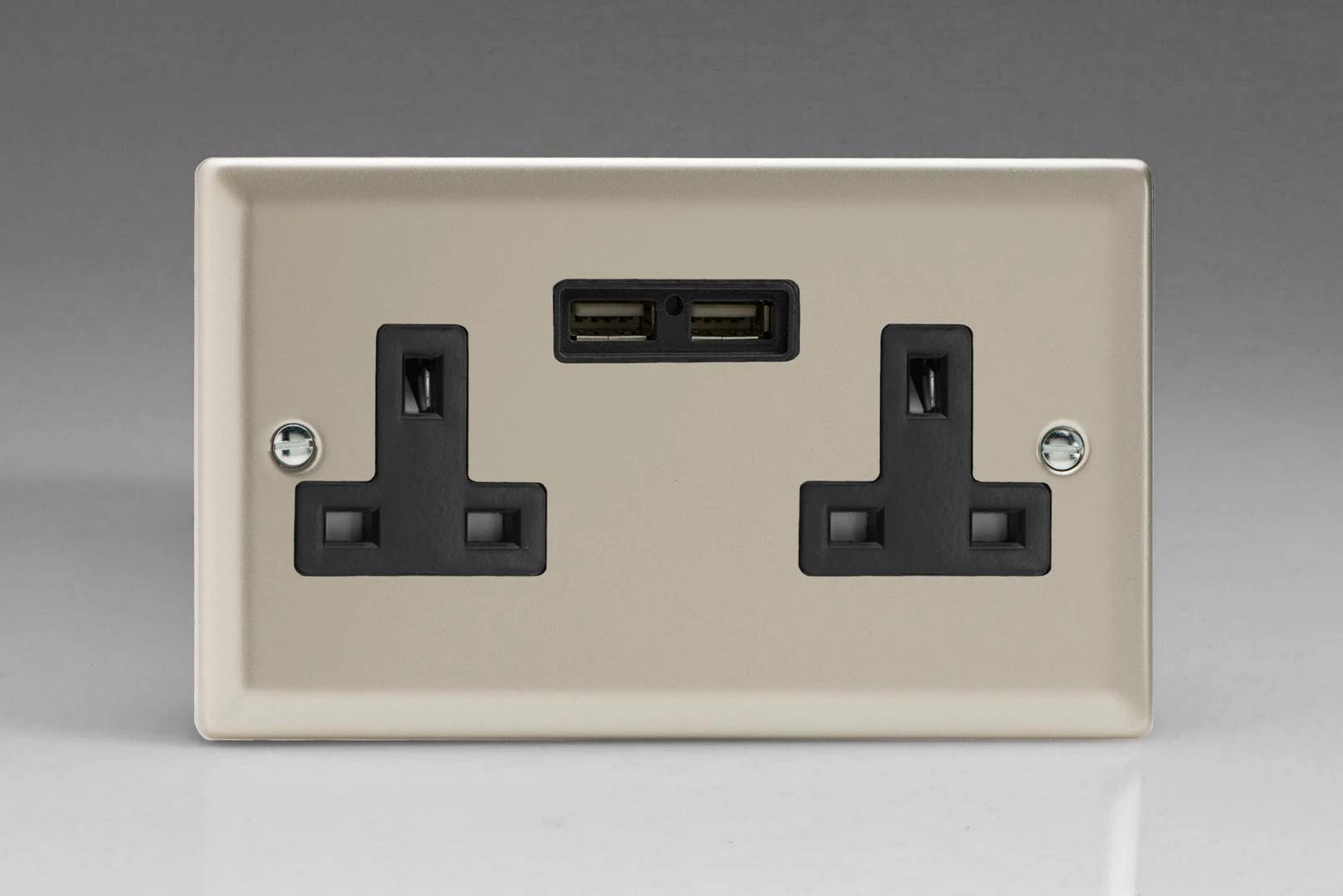 Varilight 2-Gang 13A Unswitched Socket + 2x5V DC 2100mA USB Charging Ports Satin — image 1