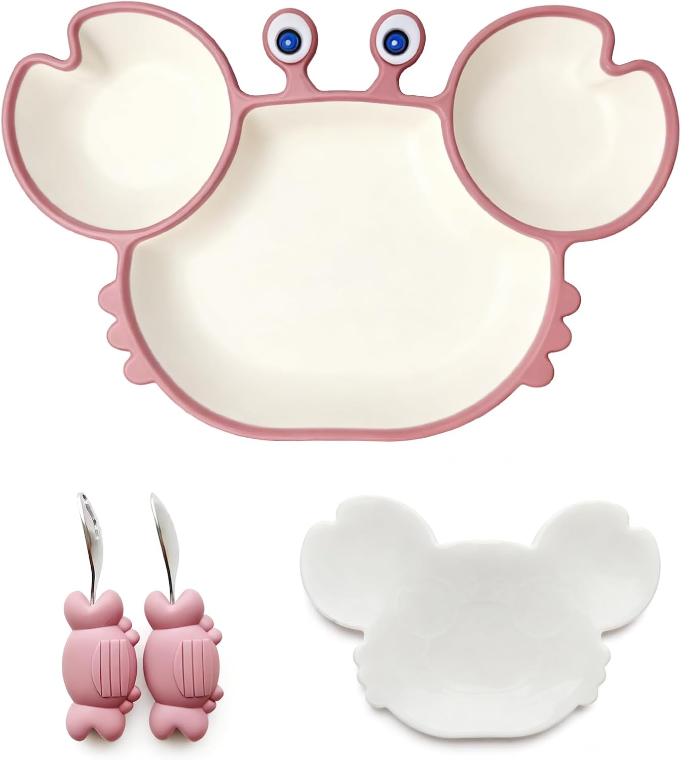 Crab-Shaped Meal Tray with Suction Base & Lid - 7.4"x7.4"x1.5"Adult Bento Box, Food-Grade Silicone, 3-Compartment Plate with Spoon & Fork for Office, Picnic, Party (Bicolor Pink)