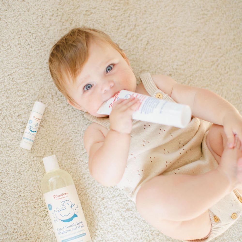 Flanders Baby Care Kit | Healing Balm Stick, Diaper Rash Ointment, Hypochlorous Spray & 3-in-1 Bubble Bath Shampoo | Sensitive Skin Baby Care Essentials with Drawstring Gift Bag