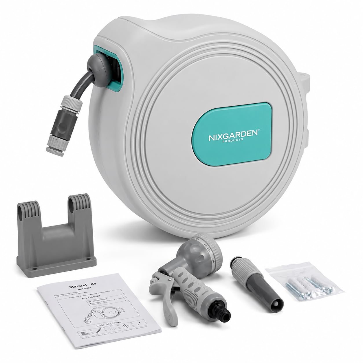 Enrollador de manguera automático con soporte de pared – Sistema auto rewind, soporte giratorio, pistola pulverizadora multiusos, guía anti-desgaste