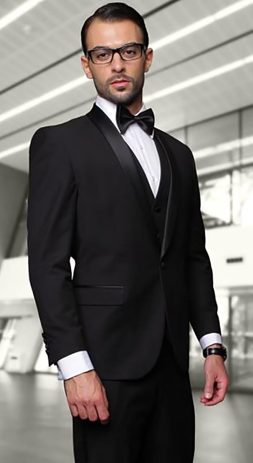 Wangyue Mens 3 Piece Tuxedo Suit Slim Fit Suits for Men Two Button Wedding Prom Tuxedo Shawl Lapel Blazer Vest Pants Set