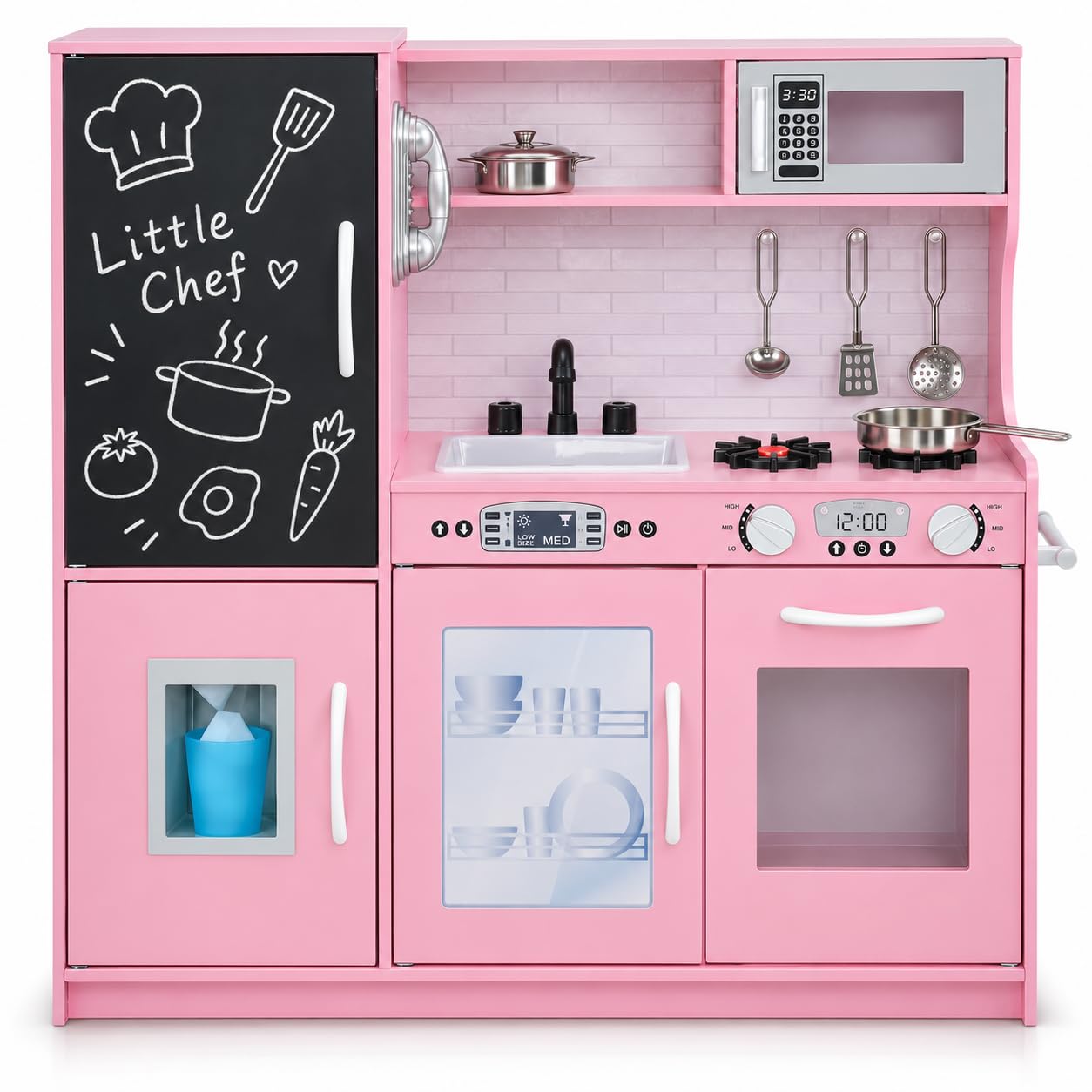 HONEY JOY Pink Kids Kitchen Playset, Wooden Little Chef Pretend Toy Kitchen Set w/Chalkboard, Telephone, Utensils, Oven, Microwave, Sink, Play Kitchen for Toddlers, Gift for Boys Girls, Pink