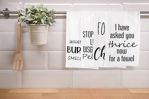 Miniatura 5 de Divertido juego de toallas de cocina con sacos de harina, juego decorativo con frases, paños de té, juego de 4 toallas de mano divertidas, regalos