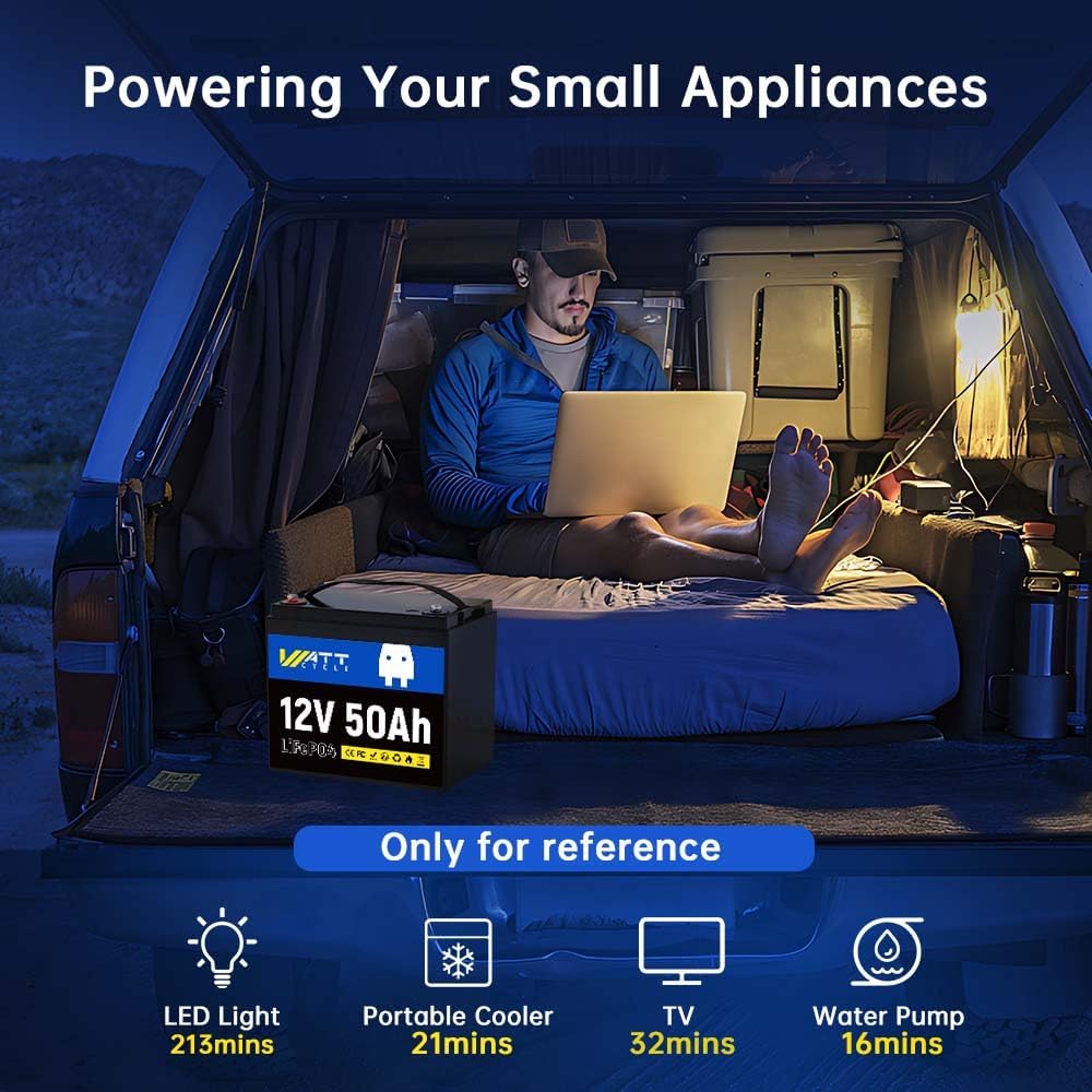 WattCycle 12V 50Ah LiFePO4 Lightweight Battery, RV Lithium Battery, EV Grade A+ Cells, Built-in 50A BMS, Low-temperature Protection - Also Suitable for Security Camera, Fish Finder, etc.