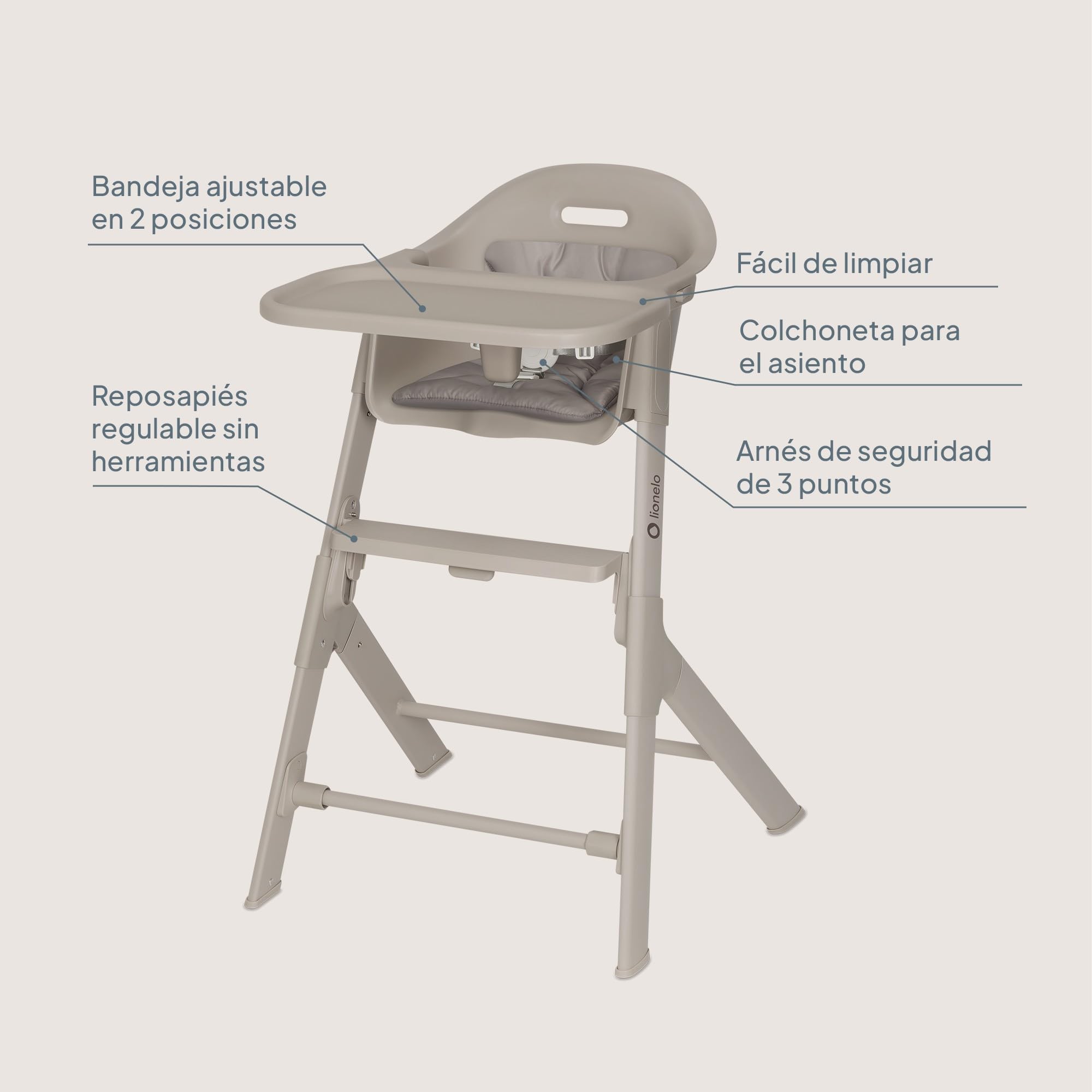 Lionelo Beny Trona Bebé Segura Sillas Tronas 6–36 Meses, Hasta 15 kg, para Bebécon Bandeja Regulable, Fácil de Limpiar, Reposapiés Ajustable a una Mano, Arnés de 3 Puntos, Inserto Lavable | 2 posiciones de la bandeja, reposapiés ajustable con una mano, ci