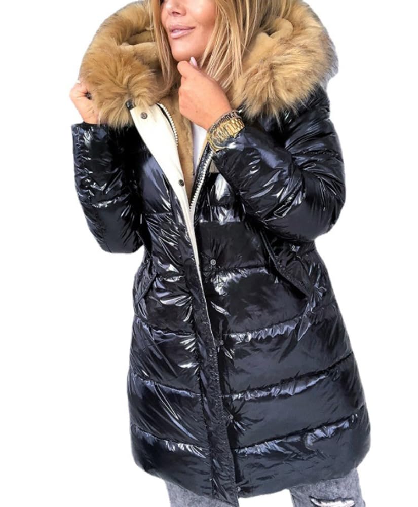 Chaqueta Acolchada Brillante del Invierno de Las Mujeres Abrigo Largo Grande del Cuello del Pelo Abajo Cremallera Completa Caliente con la Chaqueta Acolchada de los Bolsillos