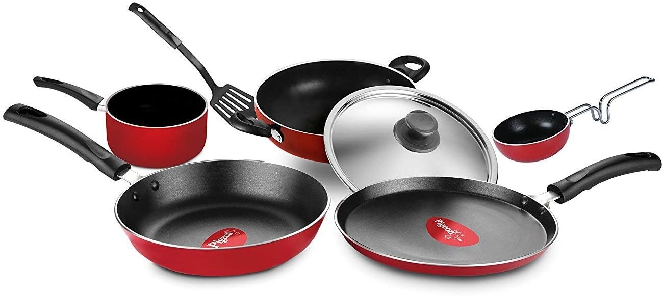 Pigeon 7 Piece Nonstick Cookware Set, Includes Nonstick Tawa 23 cm, Fry Pan 24 cm, Kadai with Stainless Steel Lid 24 cm, Sauce Pan (Red)