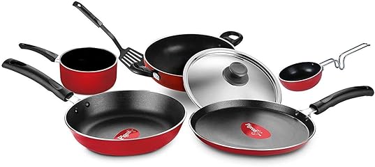 Pigeon Favourite 7 Piece Gift Set Non-Stick Coated Comes with Fry Pan, Kadhai, Lid, Sauce Pan, Spatula, Tadka Pan and a Tawa - Gas Stove Compatible (R