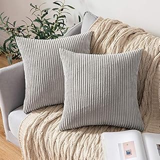 MIULEE Set of 2 Striped Corduroy Square Throw Pillow Case Soft Cushion Covers Sham Home for Sofa Couch/Bedroom Decorative Fluffy Large Pillowcases 16x16 Inch 40x40cm Light Grey