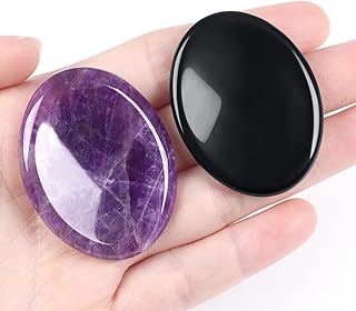 DUQGUHO 2 Pcs Thumb Worry Stones for Anxiety Natural Amethyst Obsidian Healing Crystals Stones Polished Pocket Stones Reik...
