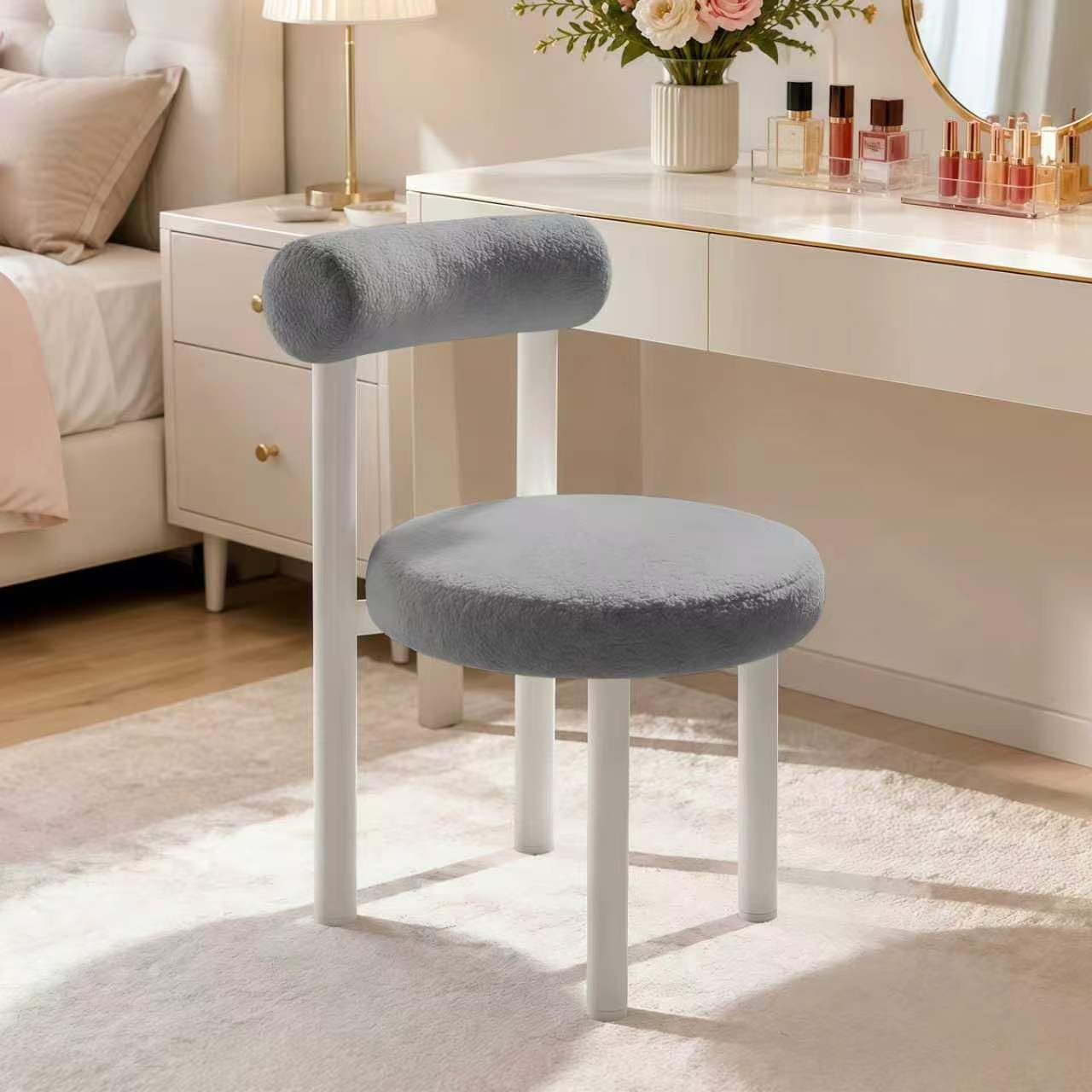 WXJHL Small Armless Office Chair, Ergonomic Teddy Fabric Vanity Stool with Open Back and Lumbar Support, for Office, Living Room, Bedroom