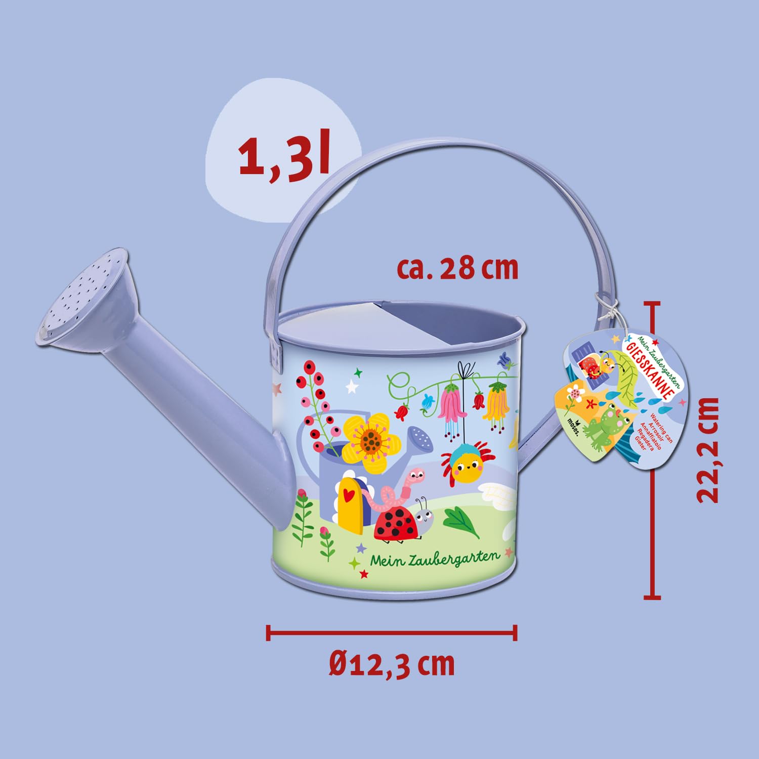 Moses. Regadera de Metal para niños con Cabezal pulverizador y 1,3 litros de Capacidad, regadera de Metal con asa, Resistente a la Intemperie, Juguete para Exteriores a Partir de 3 años