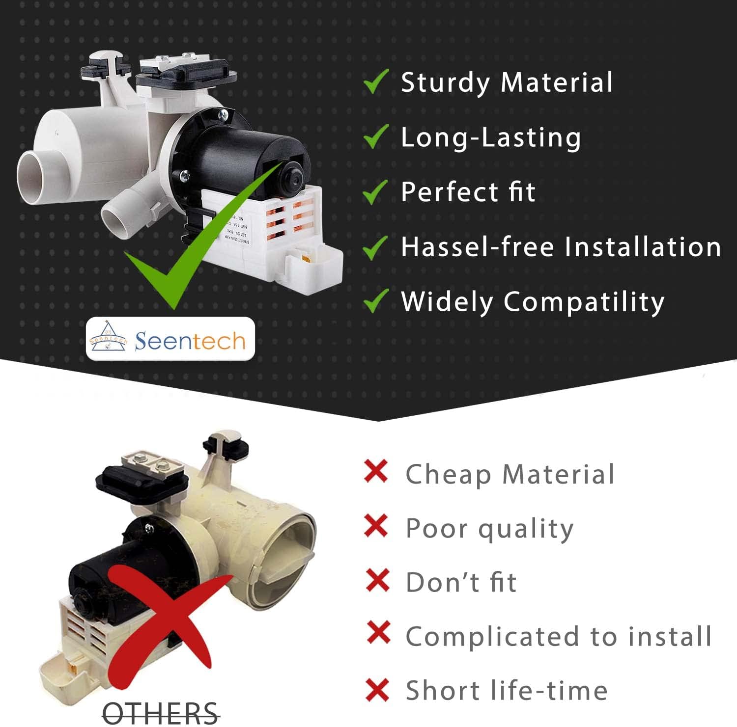 W10130913 Washer Drain Pump by Seentech - Compatible with Whirlpool Kenmore washer - Replaces part number: W10730972 8540024 W10130913 W10117829 AP4308966 PS1960402 W10183434