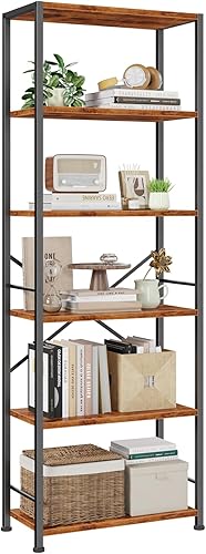 Miniatura 16 de Furologee Estantería Alta de 6 Niveles, Librero Industrial Estrecho, Unidades de Estantes de Exhibición de Pie, Organizador de Bastidor de Marrón