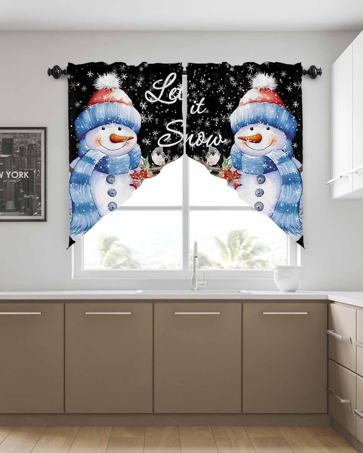 Christmas Swag Valance, Xmas Snowman Robin Black Rod Pocket Kitchen Valance Curtains Winter Snowflake Scalloped Swag Curtains for Christmas Living Room Bathroom Window, 1 Pair, 36" W x 36" L