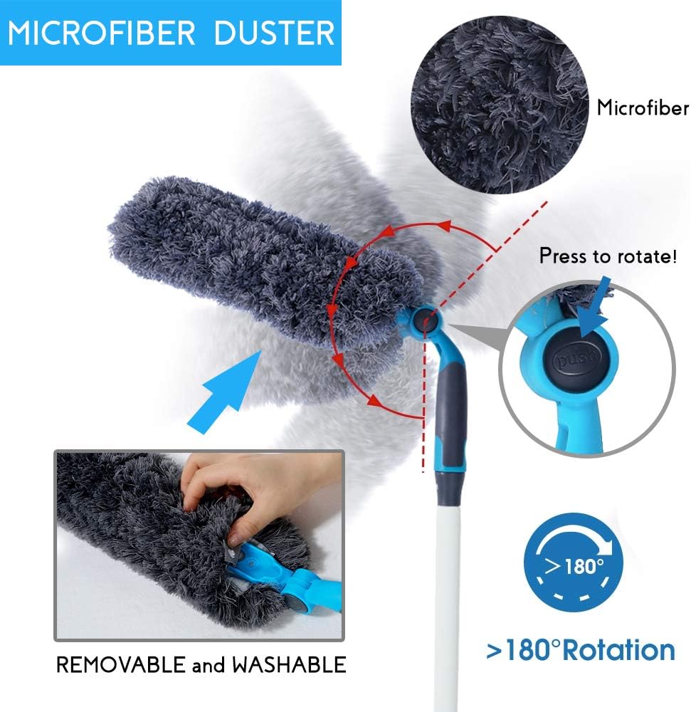 Guay Clean Home Cleaning Kit with Telescopic 4 Ft Pole - Includes: Microfiber Mop, Broom, Adjustable Duster and Window Squeegee Cleaner - 4 Piece Set Multi-Function Attachments - Blue